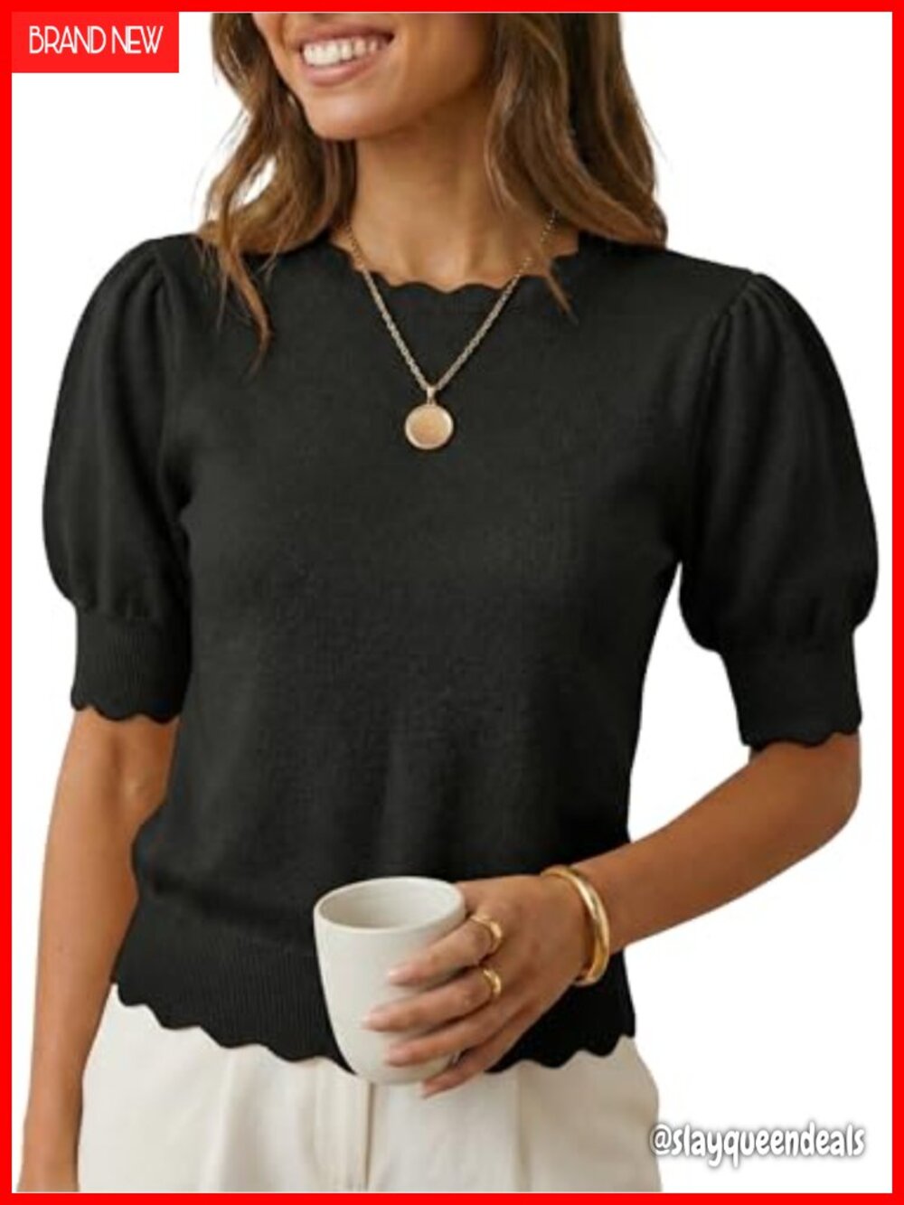 Short Sleeve Sweater Scalloped Crewneck Puff Sleeve Pullover
